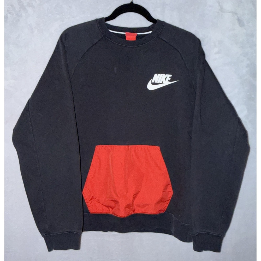 Nike Sportswear Fleece Crewneck Sweatshirt Men's Large Black Red Kangaroo Pocket